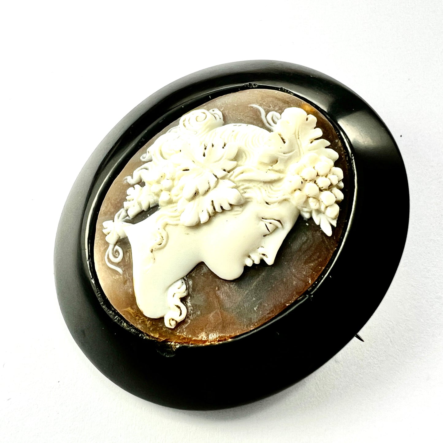Victorian Carved Shell Bacchus Cameo Brooch