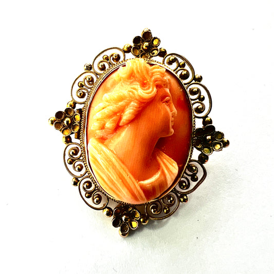 Victorian 12CT Gold Filigree Coral Cameo Brooch