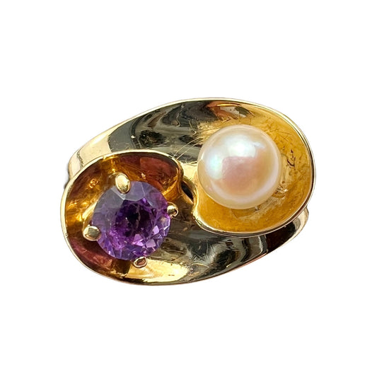 Vintage 14CT Gold Modernist Amethyst and Pearl Crossover Ring