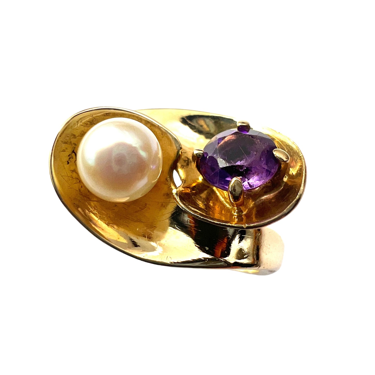 Vintage 14CT Gold Modernist Amethyst and Pearl Crossover Ring