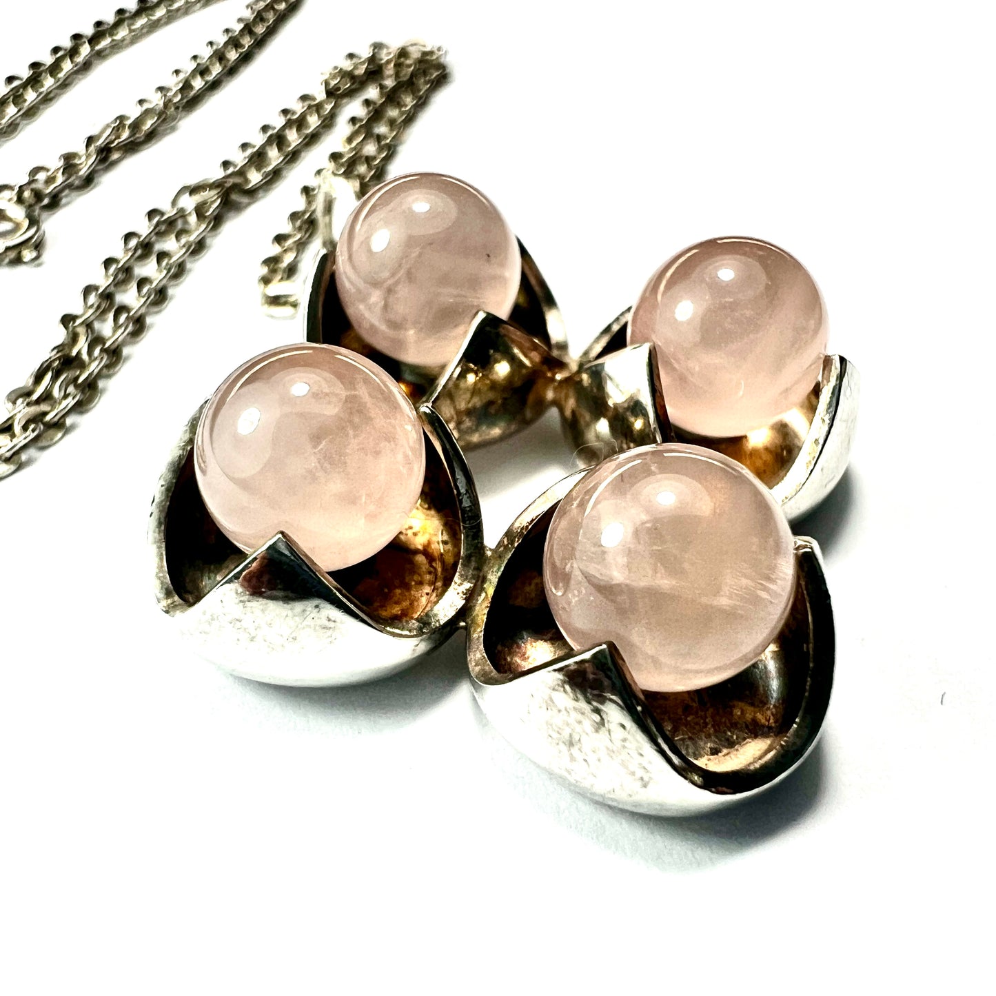 Vintage Kultaseppa Salovaara Rose Quartz Modernist Silver Necklace