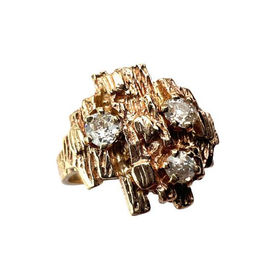 Vintage 9CT Gold Diamond Brutalist Ring