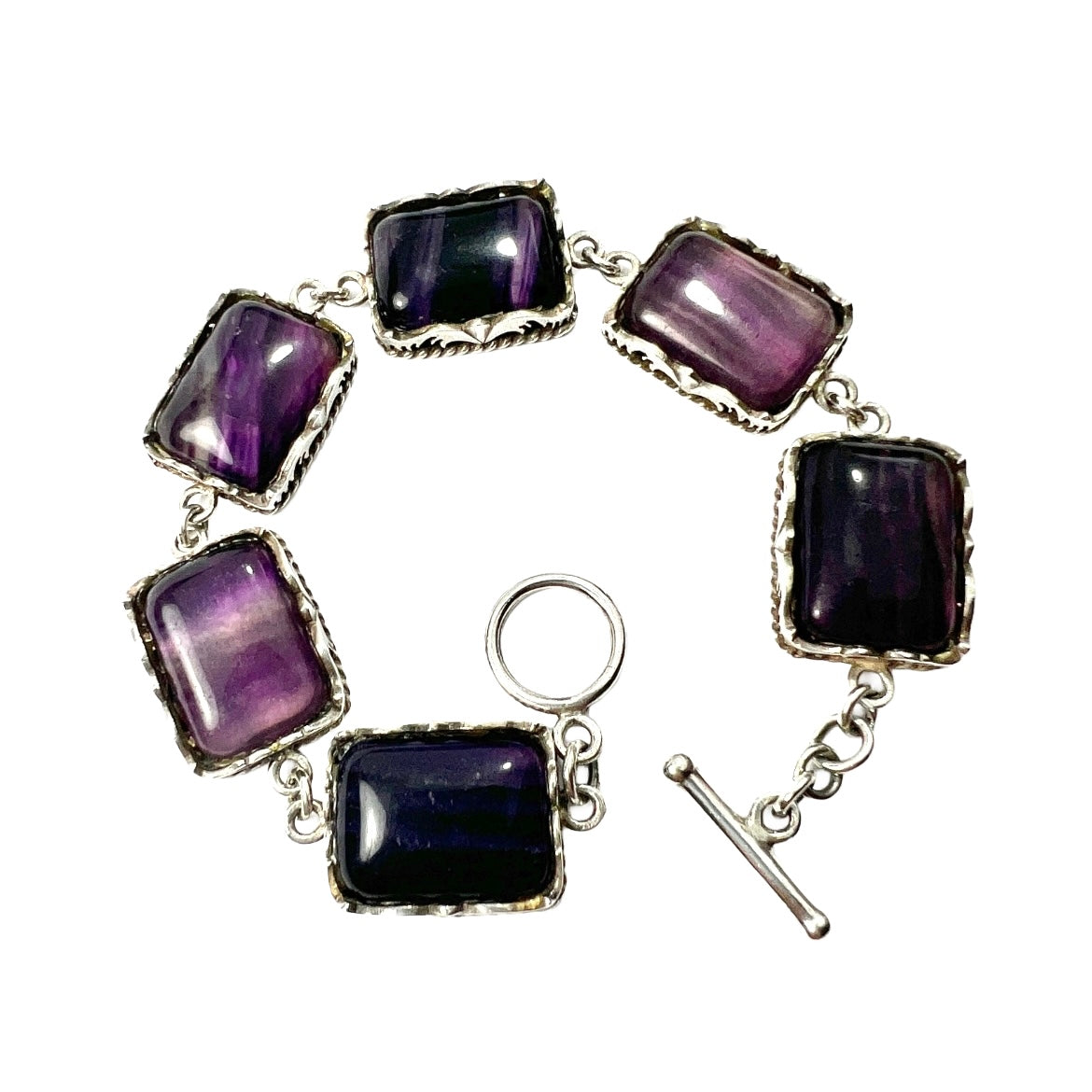 Vintage Chunky Fluorite Silver Panel Bracelet