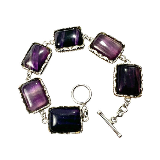 Vintage Chunky Fluorite Silver Panel Bracelet