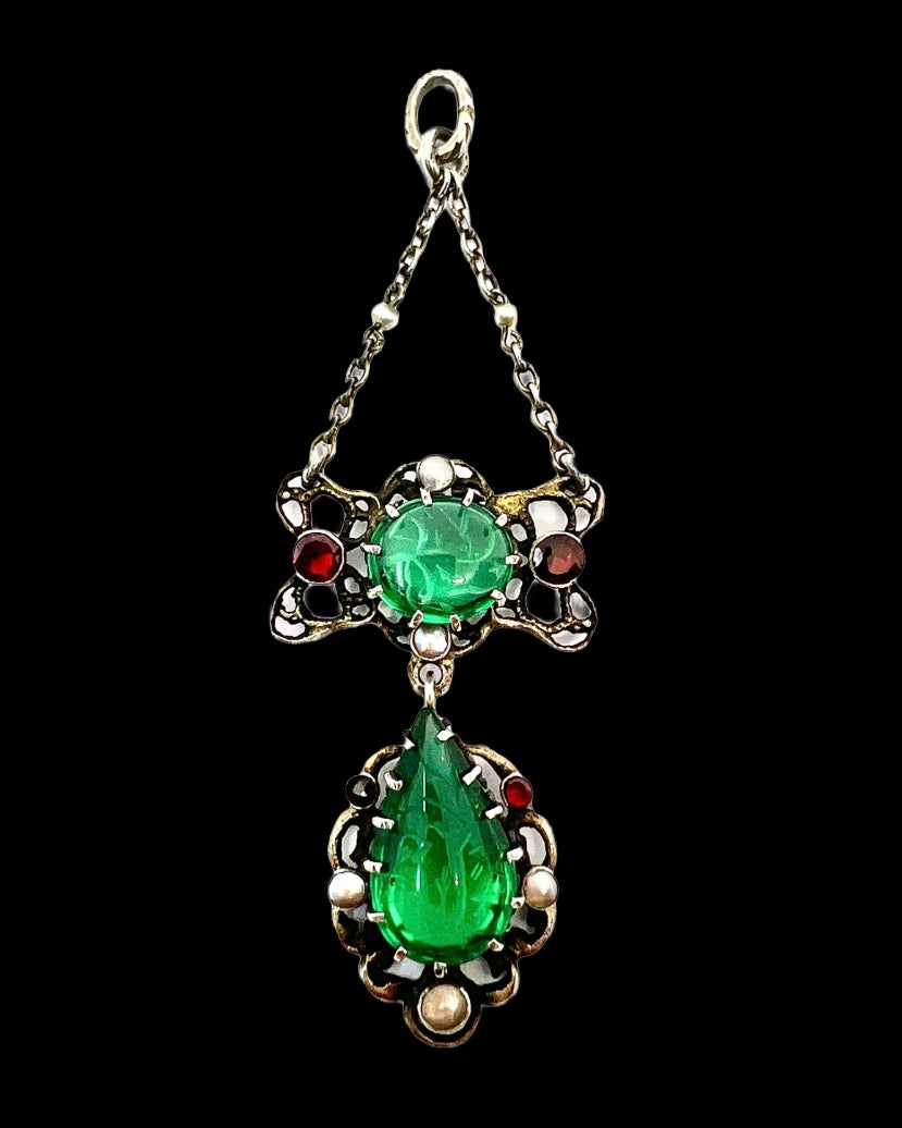 Arts & Crafts Austro-Hungarian Emerald Paste Silver Chain Pendant