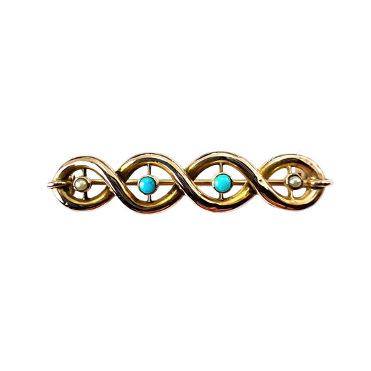 Victorian/Edwardian 15CT Gold Turquoise and Pearl Brooch