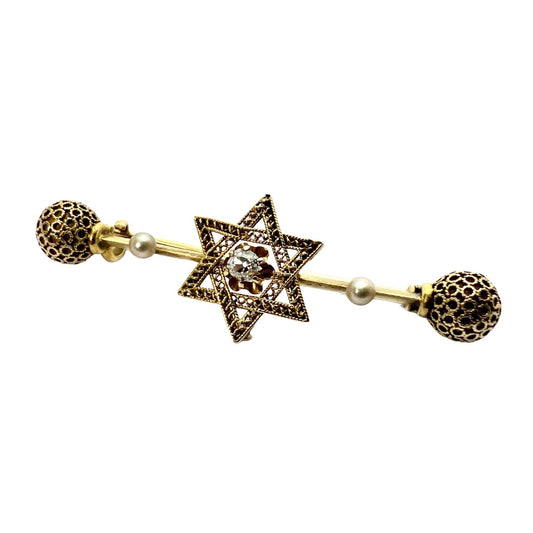 Victorian 18CT Gold Star of David Diamond and Pearl Brooch