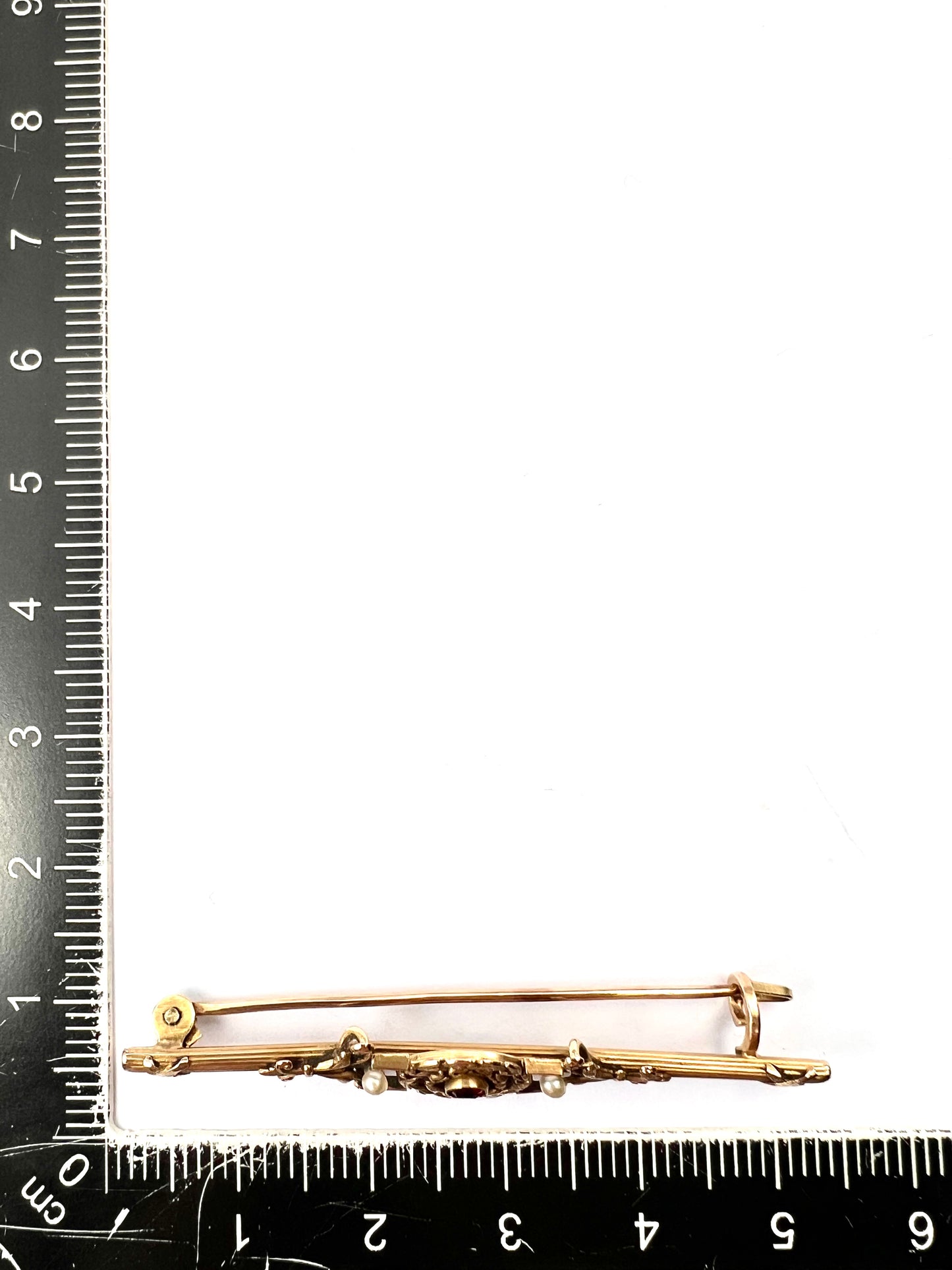 Boxed Antique French 18CT Gold Garnet Pearl Bar Brooch