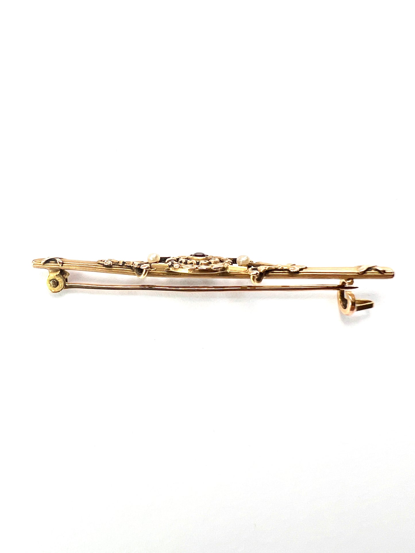 Boxed Antique French 18CT Gold Garnet Pearl Bar Brooch