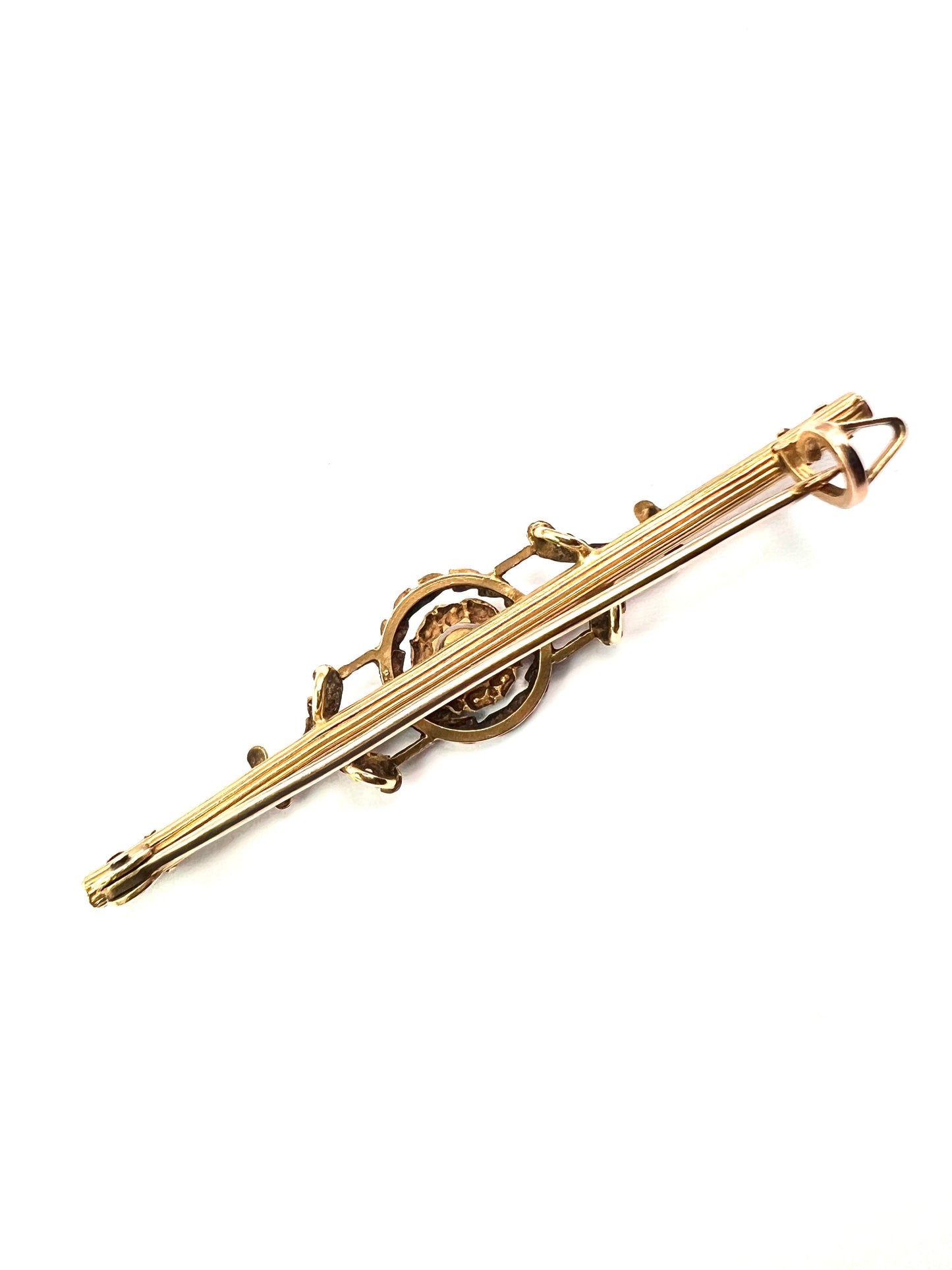 Boxed Antique French 18CT Gold Garnet Pearl Bar Brooch