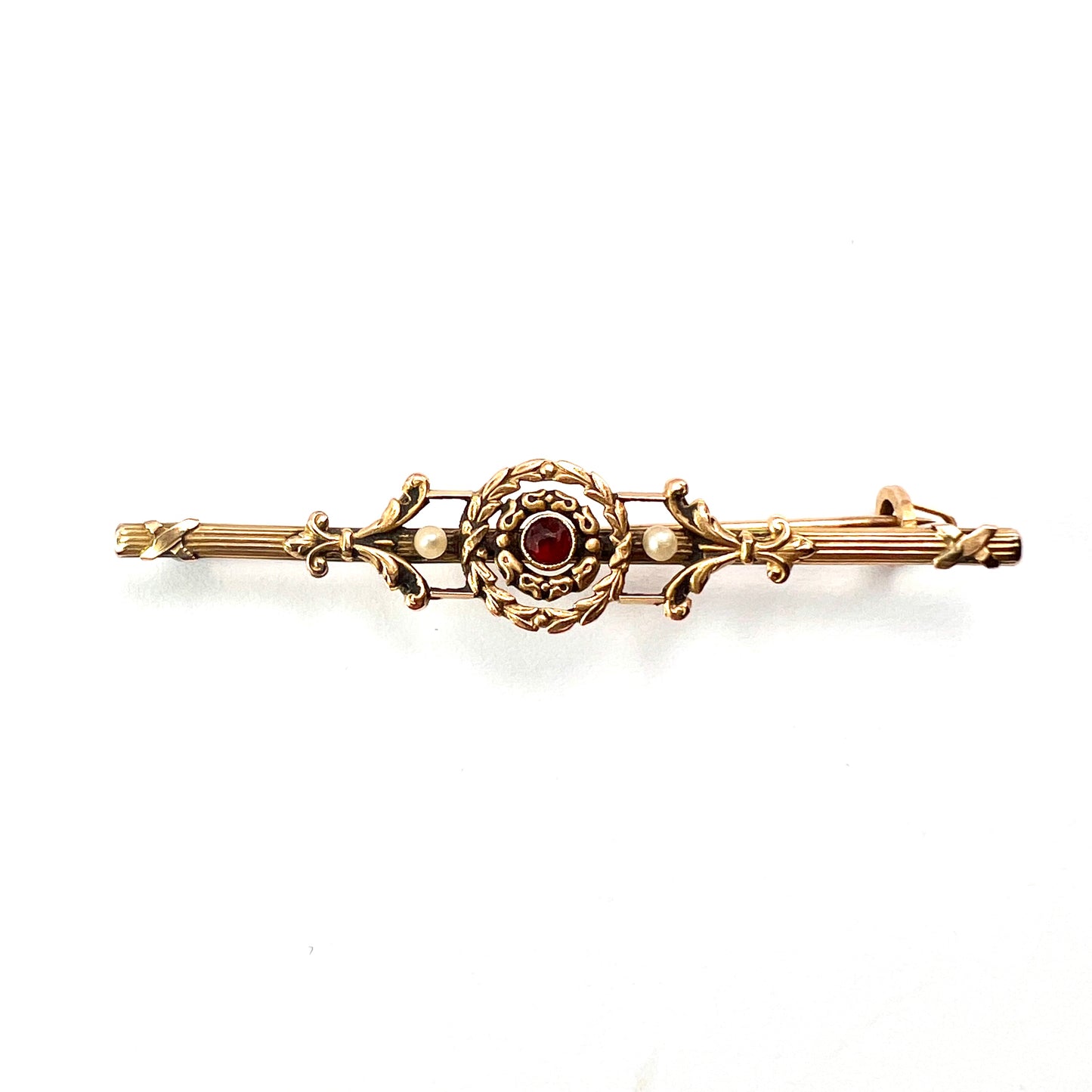 Boxed Antique French 18CT Gold Garnet Pearl Bar Brooch