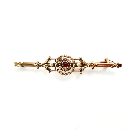 Boxed Antique French 18CT Gold Garnet Pearl Bar Brooch