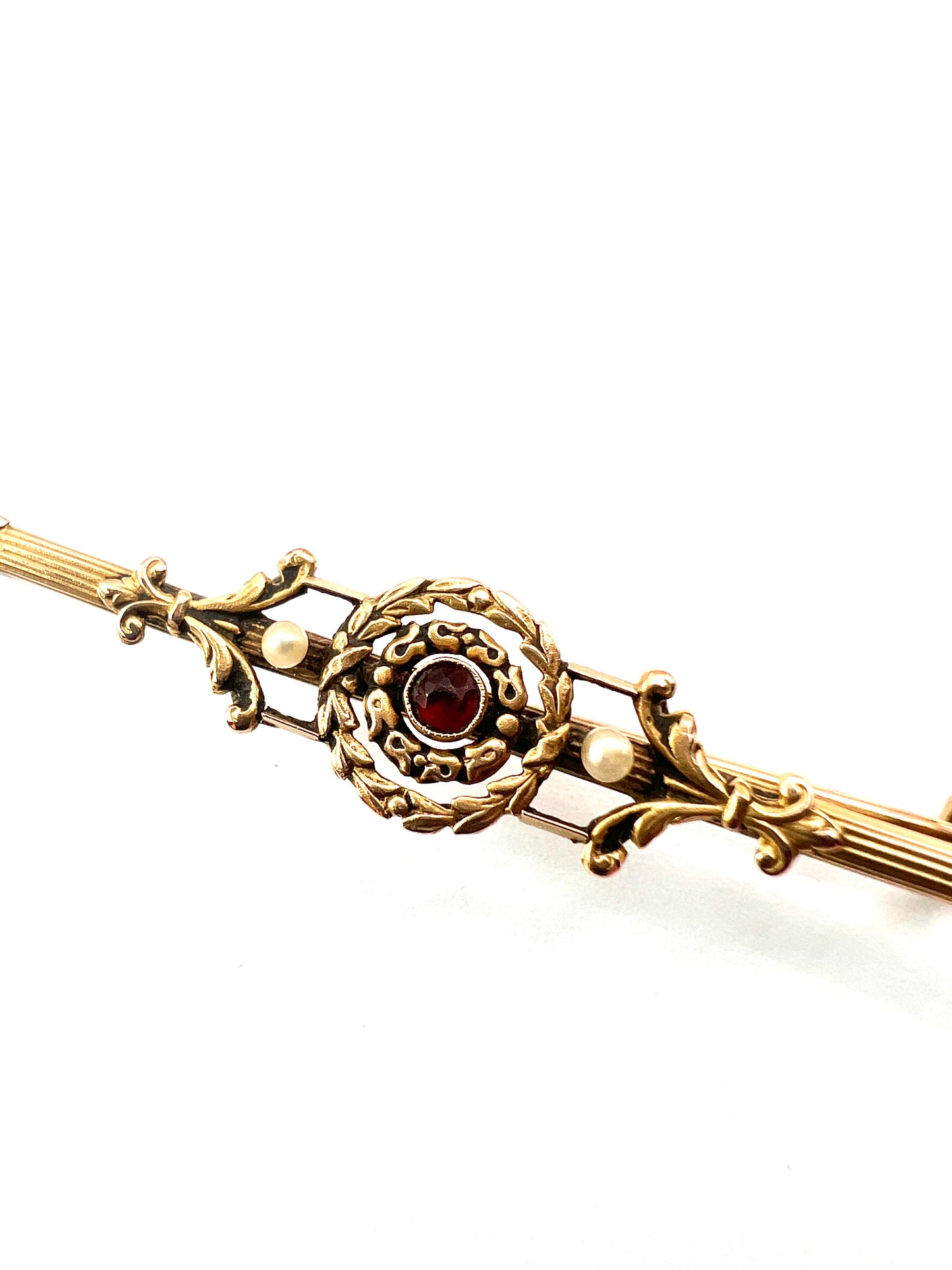 Boxed Antique French 18CT Gold Garnet Pearl Bar Brooch