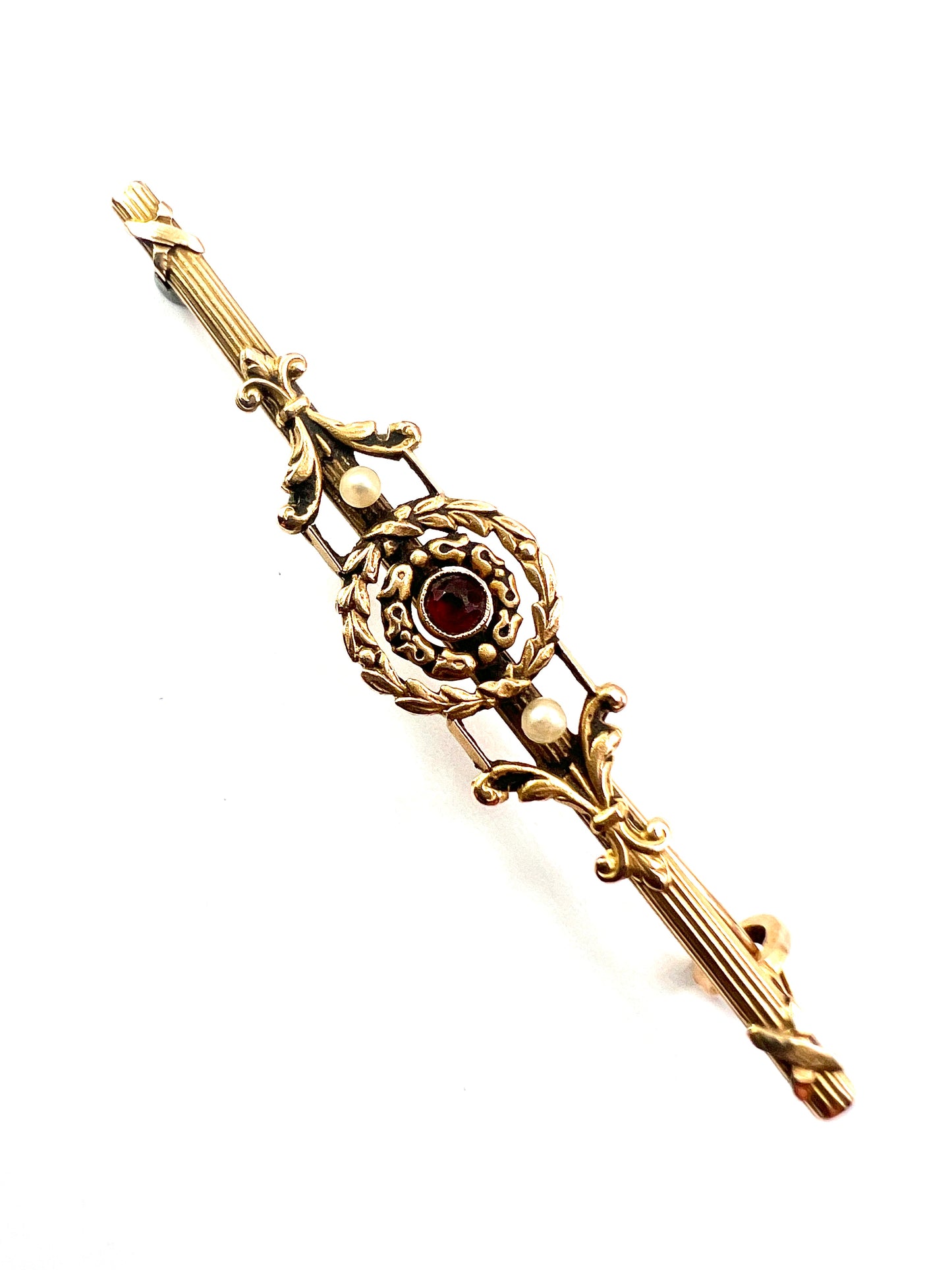 Boxed Antique French 18CT Gold Garnet Pearl Bar Brooch