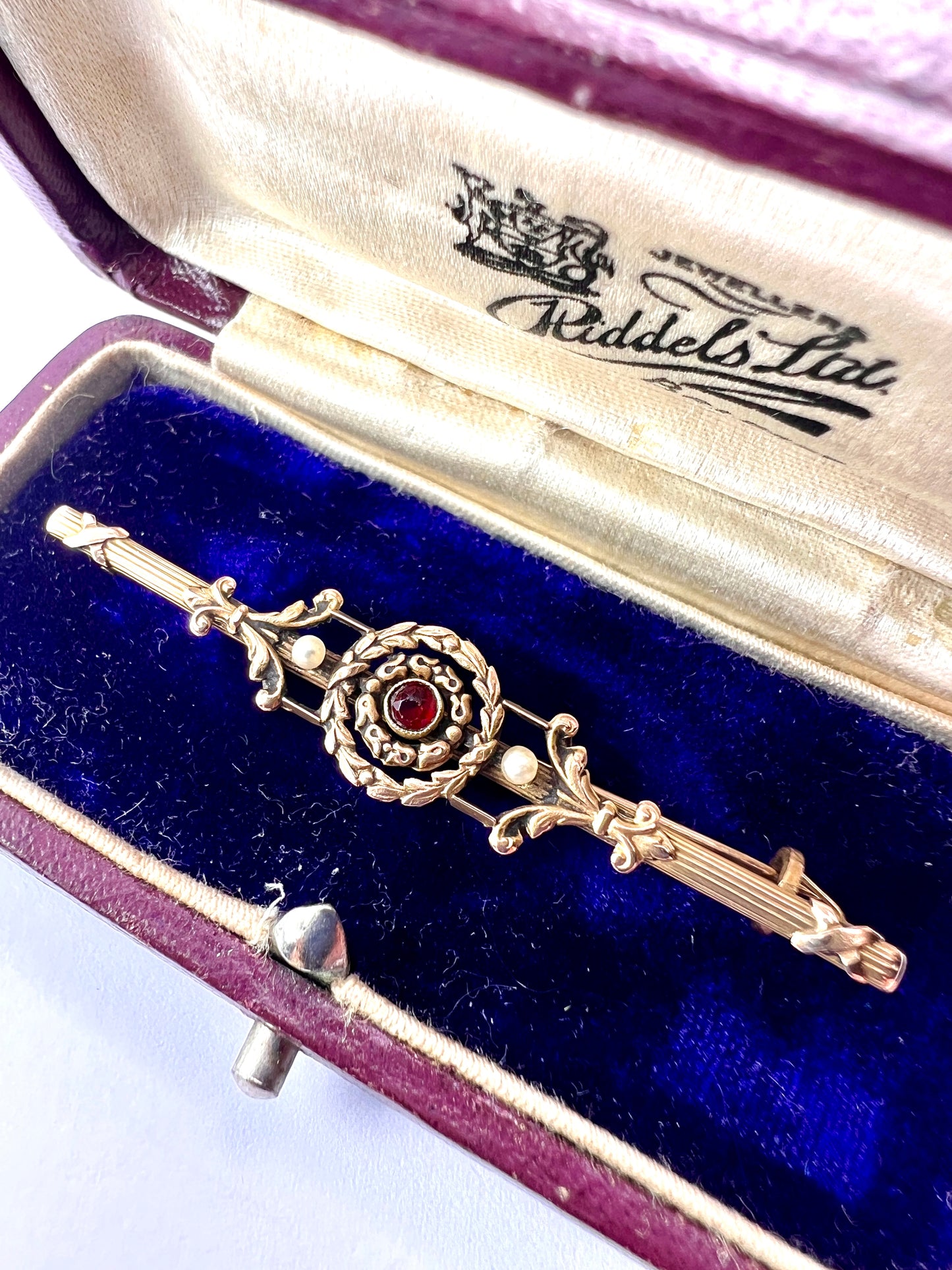 Boxed Antique French 18CT Gold Garnet Pearl Bar Brooch