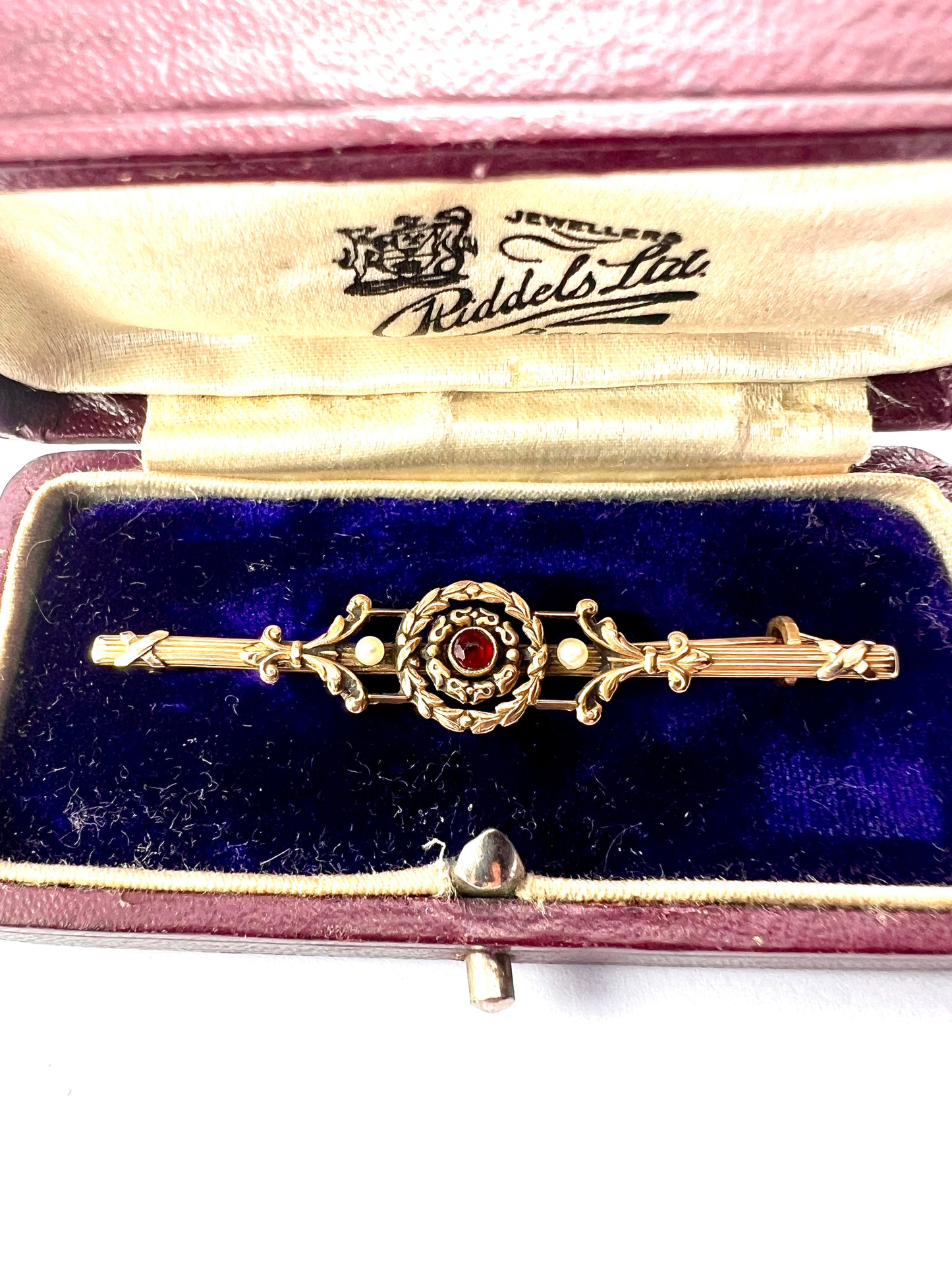 Boxed Antique French 18CT Gold Garnet Pearl Bar Brooch