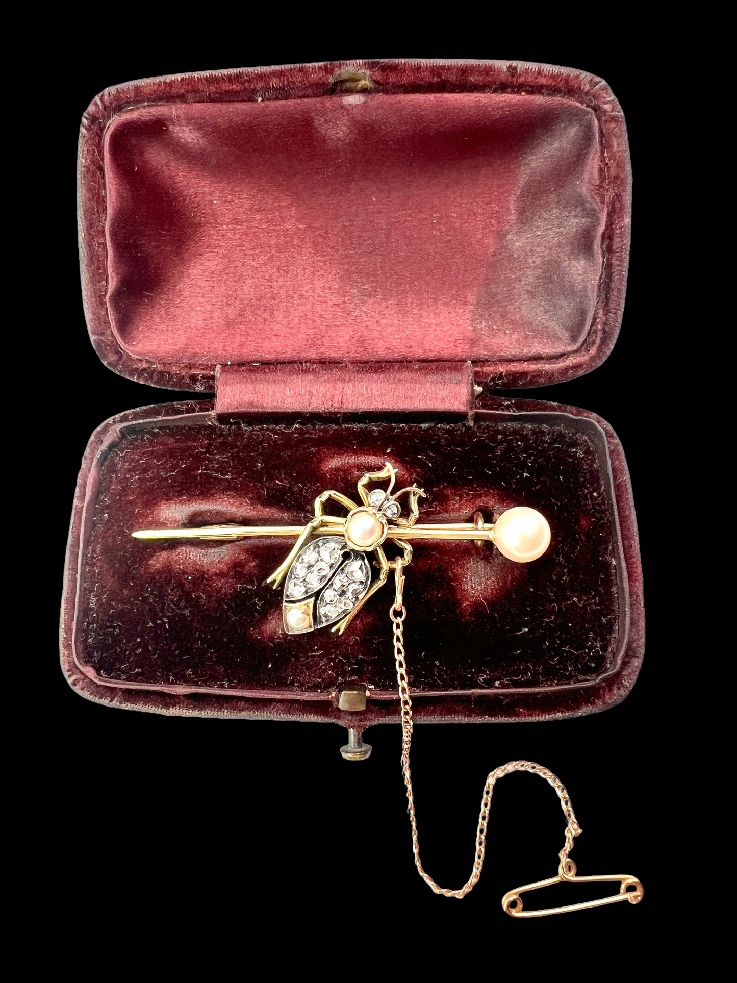 Boxed Victorian Diamond and Pearl Gold Beetle Brooch
