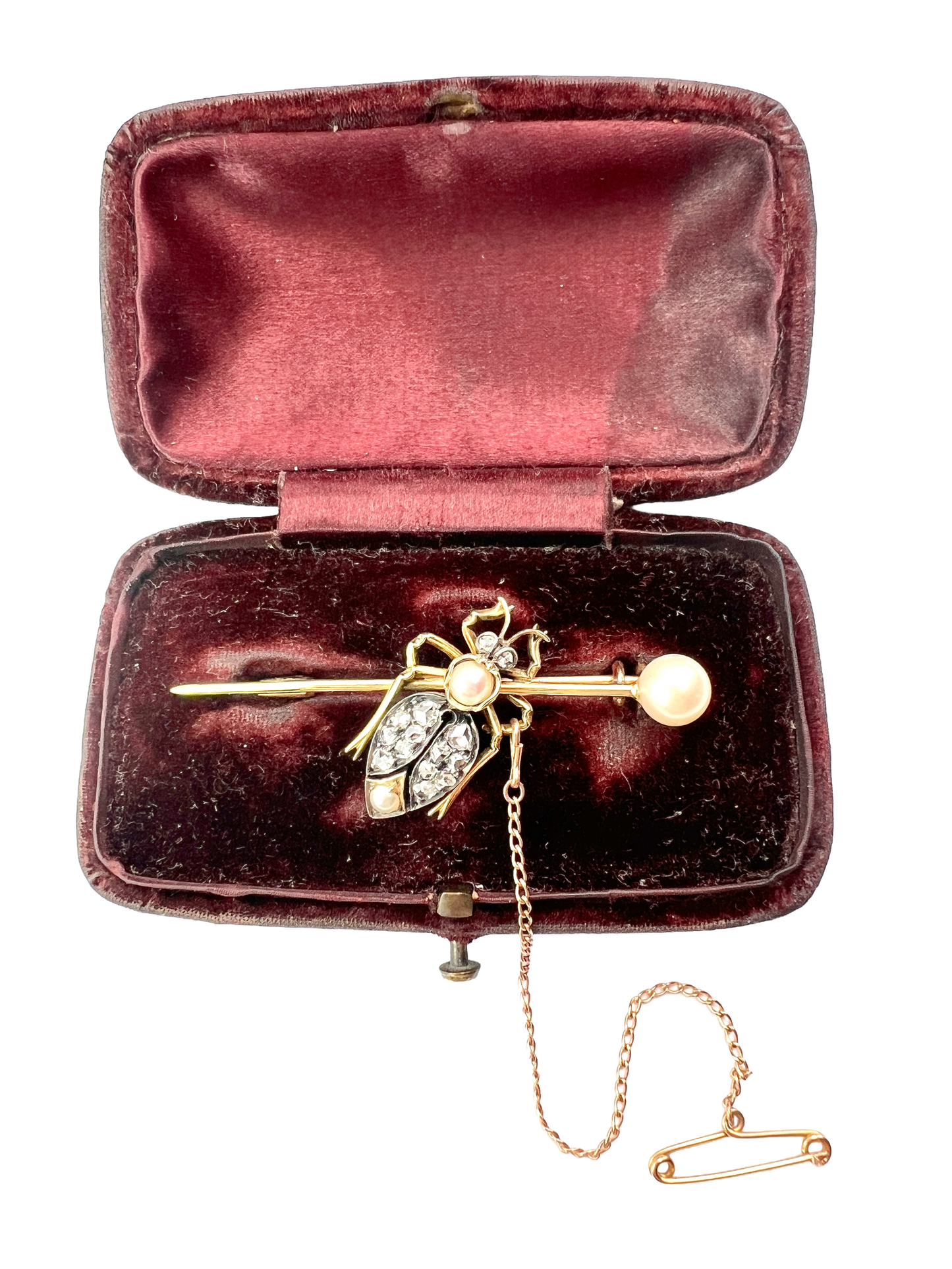 Boxed Victorian Diamond and Pearl Gold Beetle Brooch