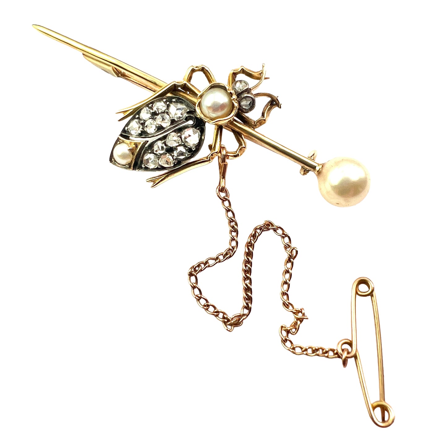 Boxed Victorian Diamond and Pearl Gold Beetle Brooch