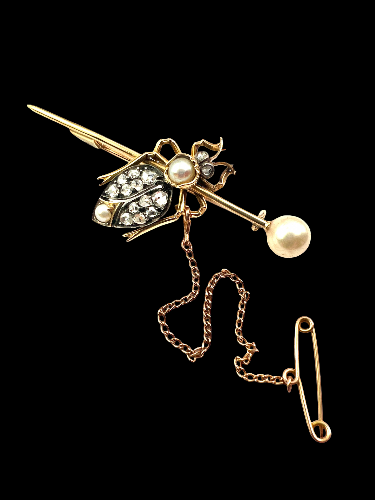Boxed Victorian Diamond and Pearl Gold Beetle Brooch