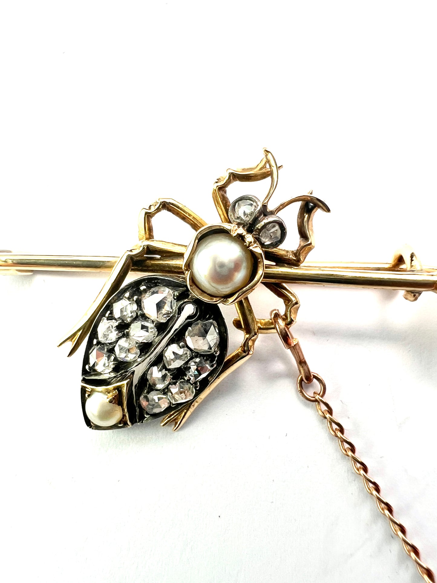 Boxed Victorian Diamond and Pearl Gold Beetle Brooch