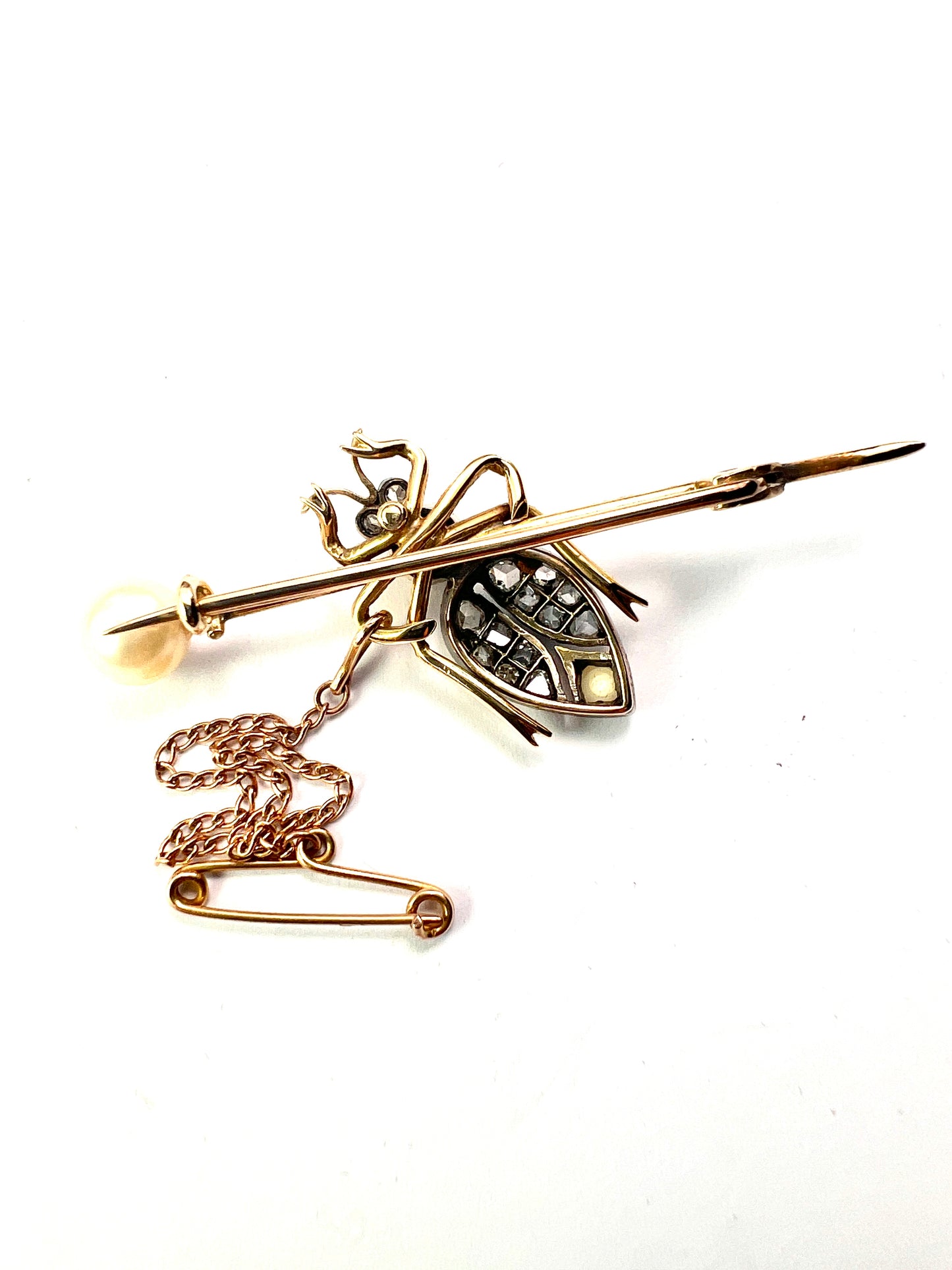 Boxed Victorian Diamond and Pearl Gold Beetle Brooch
