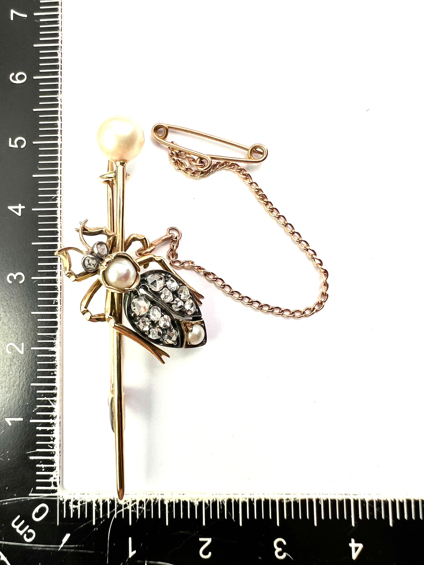 Boxed Victorian Diamond and Pearl Gold Beetle Brooch