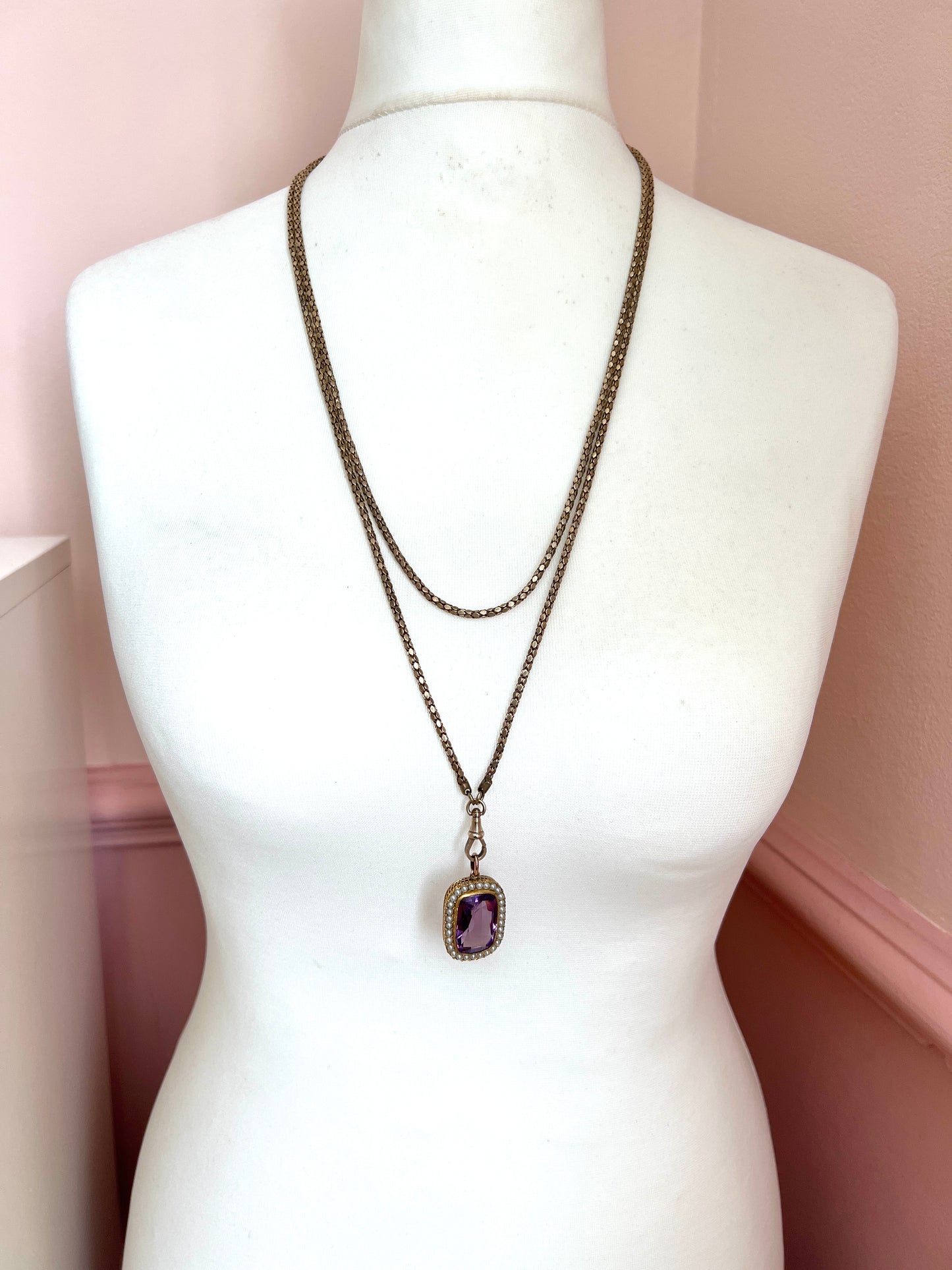 Very Long Victorian Golden Longuard Chain with Albert Clip