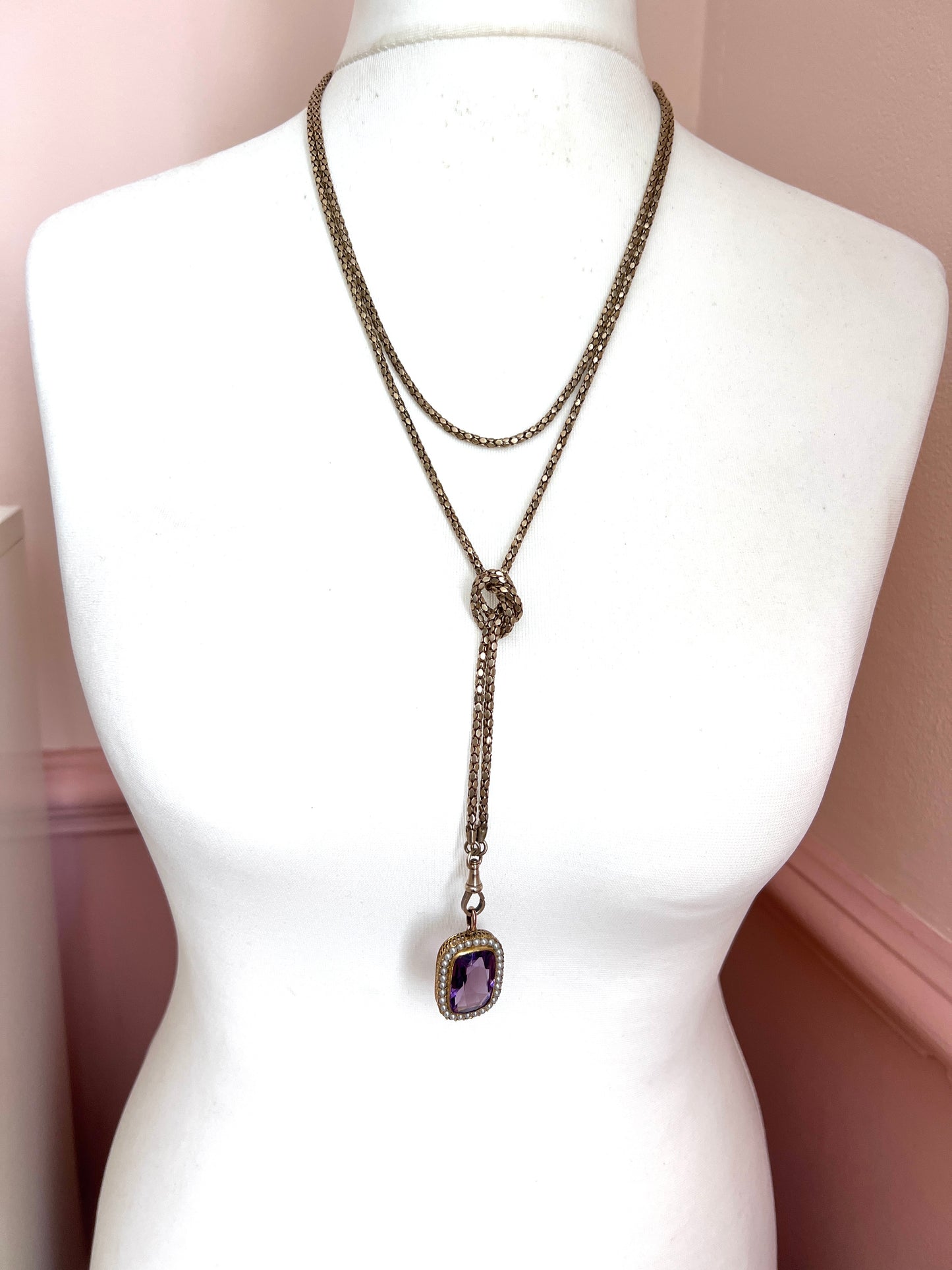 Very Long Victorian Golden Longuard Chain with Albert Clip