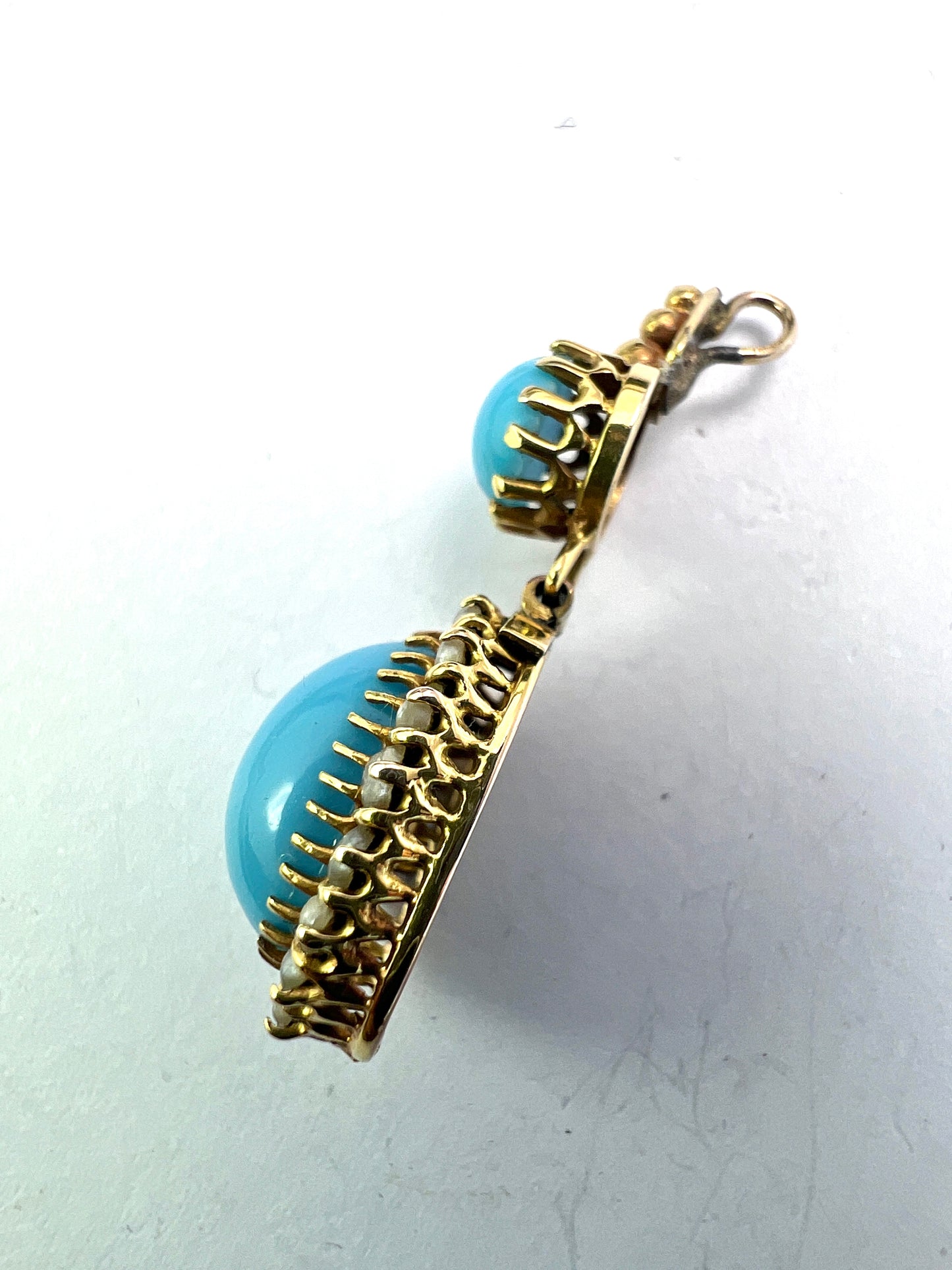 Victorian Gold Turquoise Pearl Halo Pendant Necklace