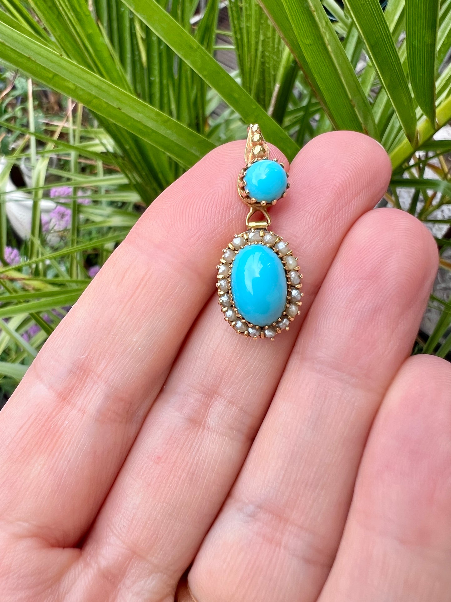 Victorian Gold Turquoise Pearl Halo Pendant Necklace