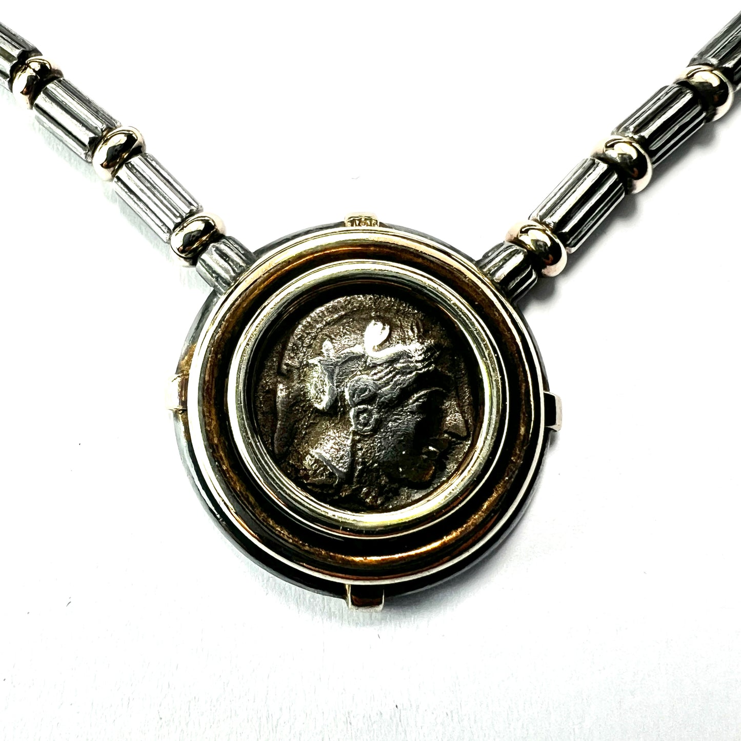 Ancient Athenian Owl Tetradrachm Coin Necklace in 18CT Gold and Silver