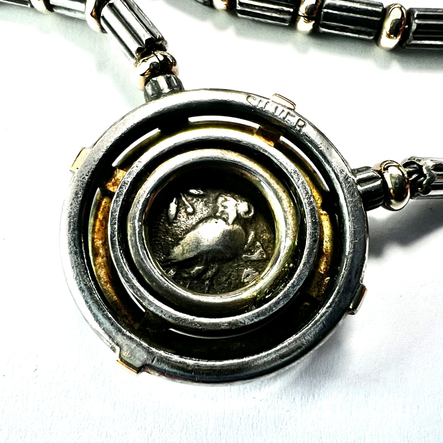 Ancient Athenian Owl Tetradrachm Coin Necklace in 18CT Gold and Silver