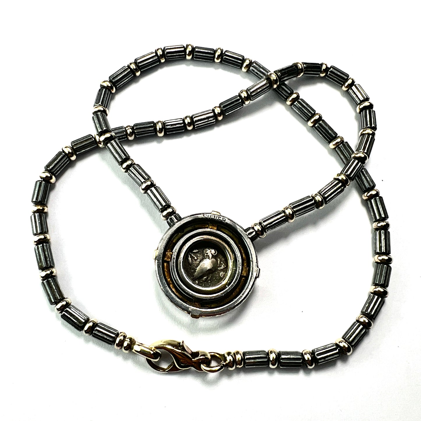 Ancient Athenian Owl Tetradrachm Coin Necklace in 18CT Gold and Silver