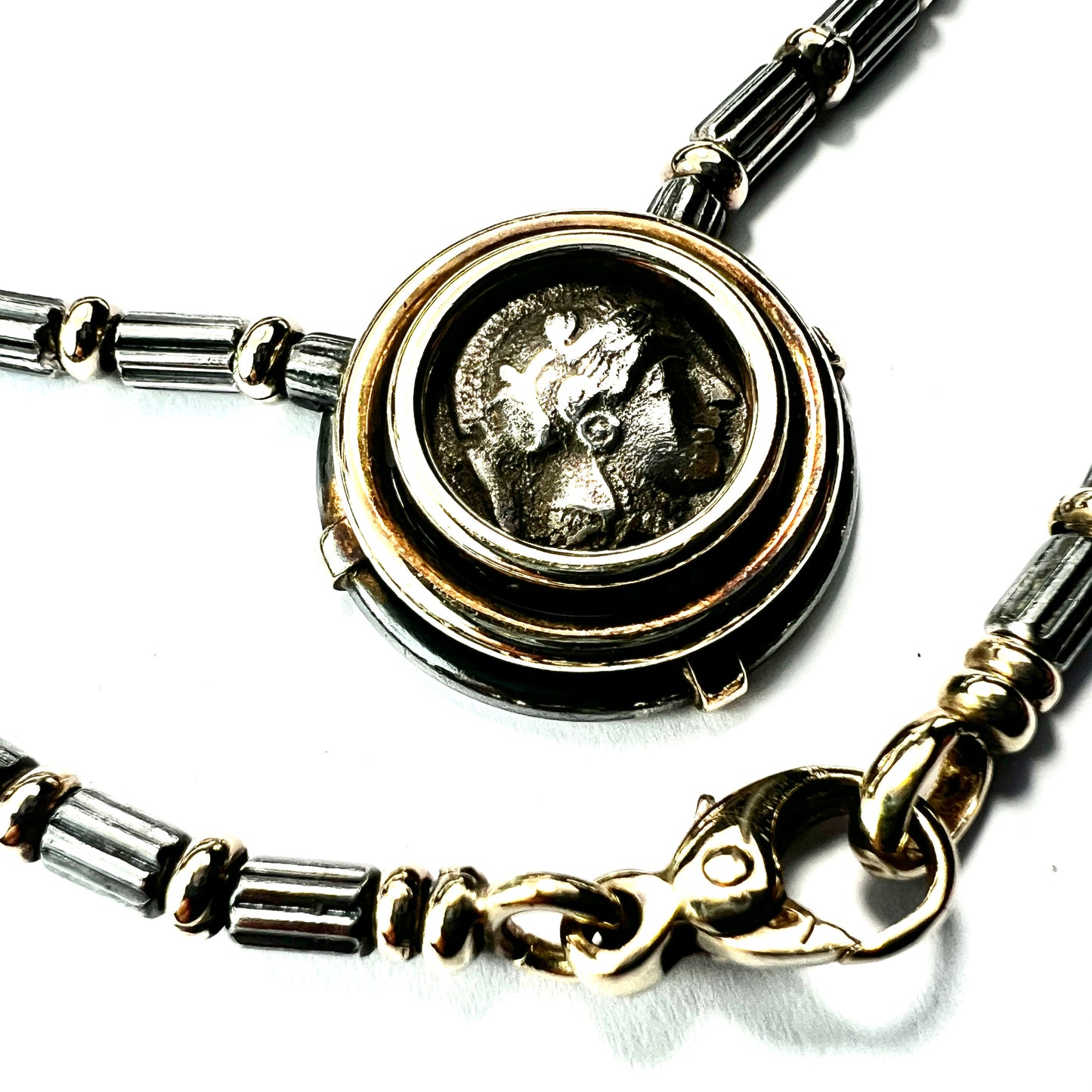 Ancient Athenian Owl Tetradrachm Coin Necklace in 18CT Gold and Silver