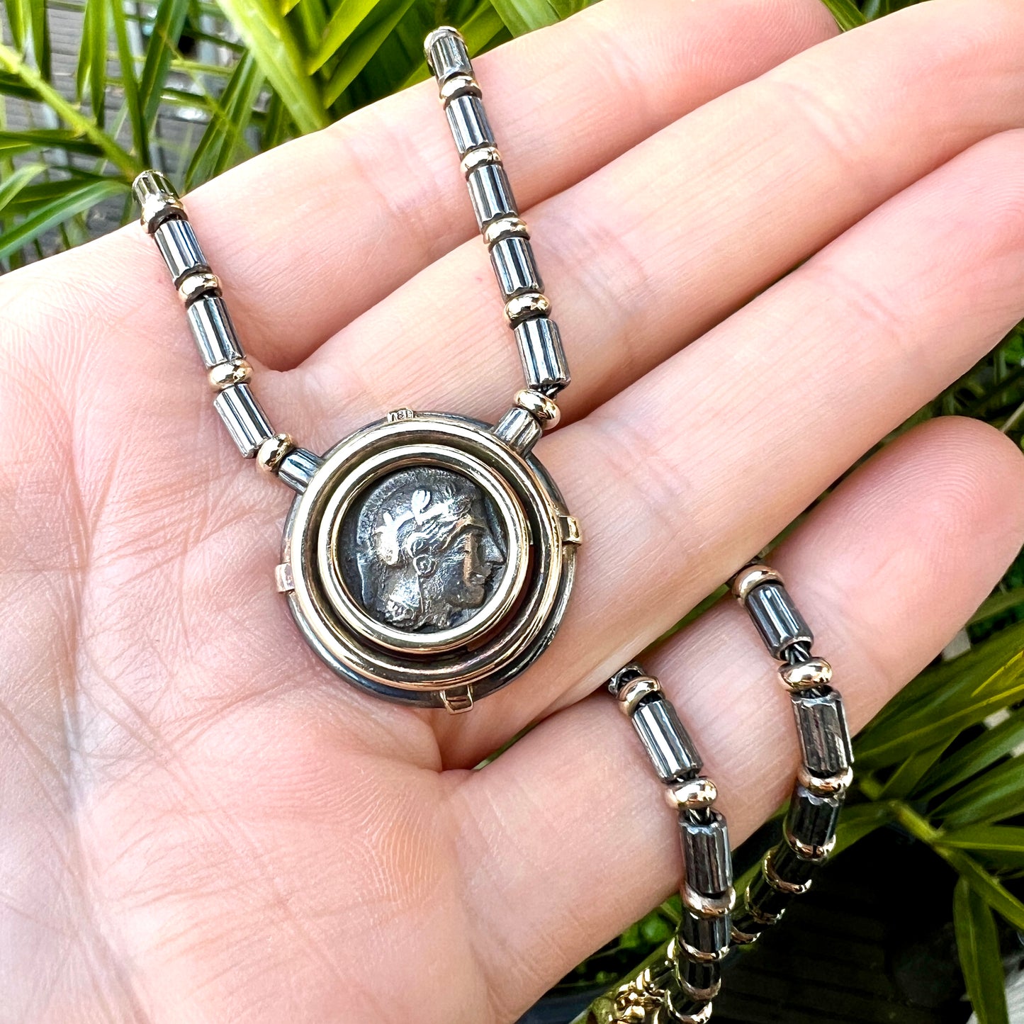 Ancient Athenian Owl Tetradrachm Coin Necklace in 18CT Gold and Silver