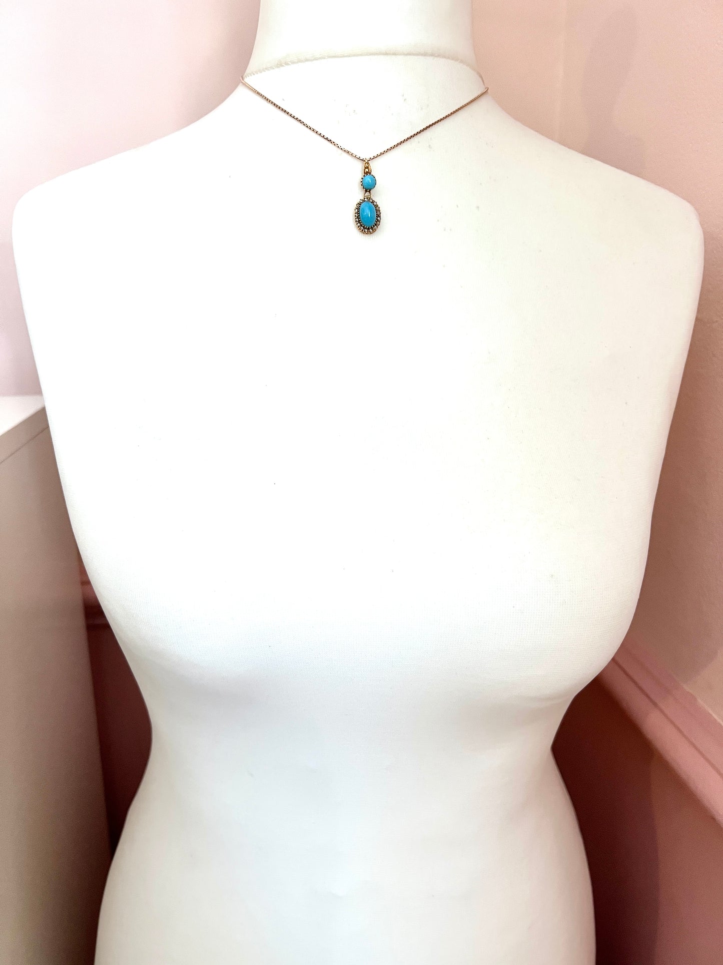 Victorian Gold Turquoise Pearl Halo Pendant Necklace