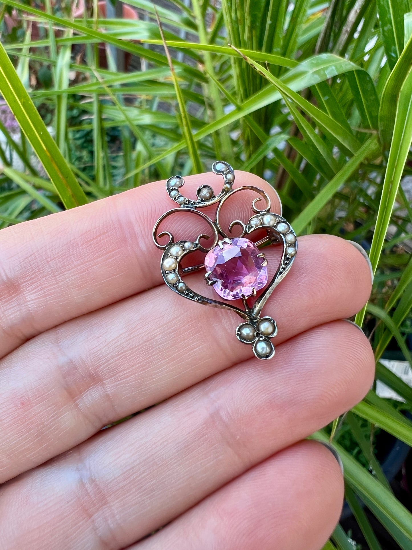 Edwardian Tourmaline Gold Pearl Brooch