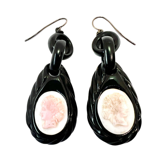 Victorian Carved Whitby Jet Cameo Earrings