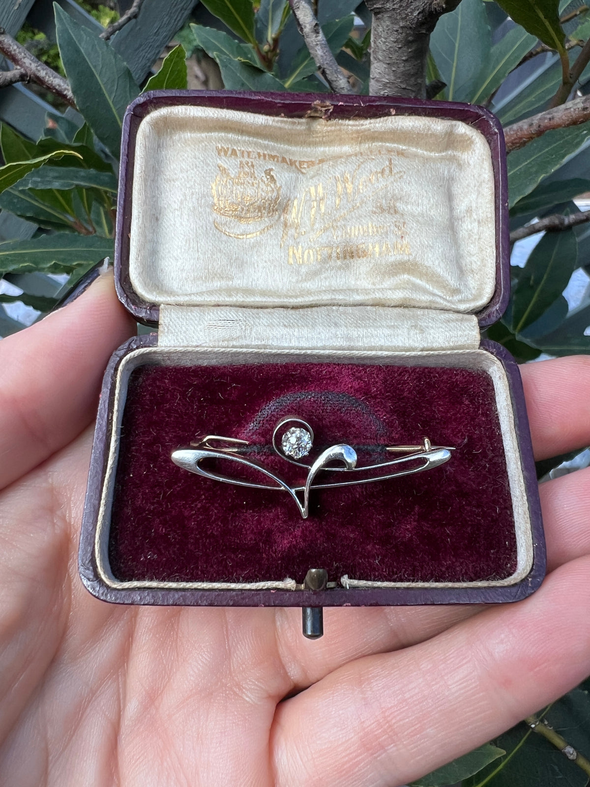 Boxed Art Nouveau 15CT Gold and Platinum Diamond Brooch