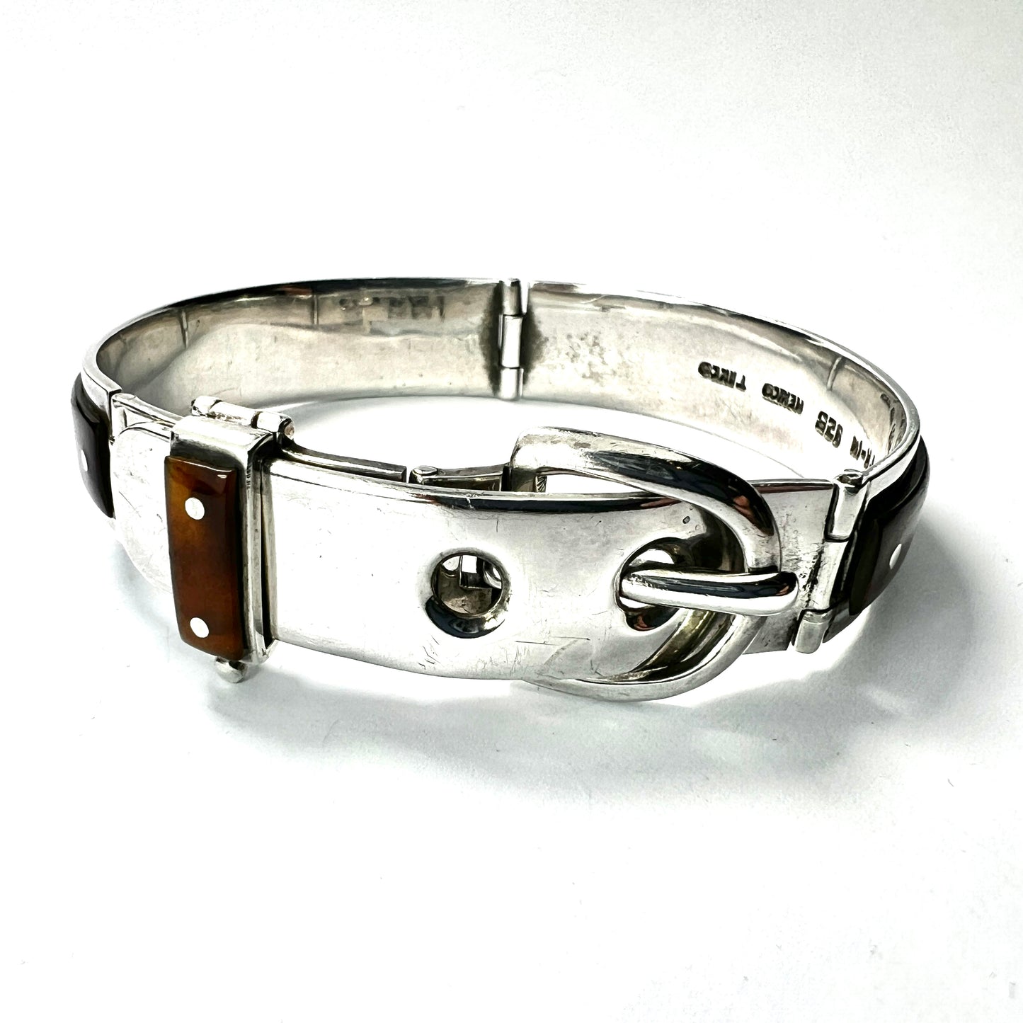Vintage Silver Taxco Buckle Bangle with Tortoiseshell Panels