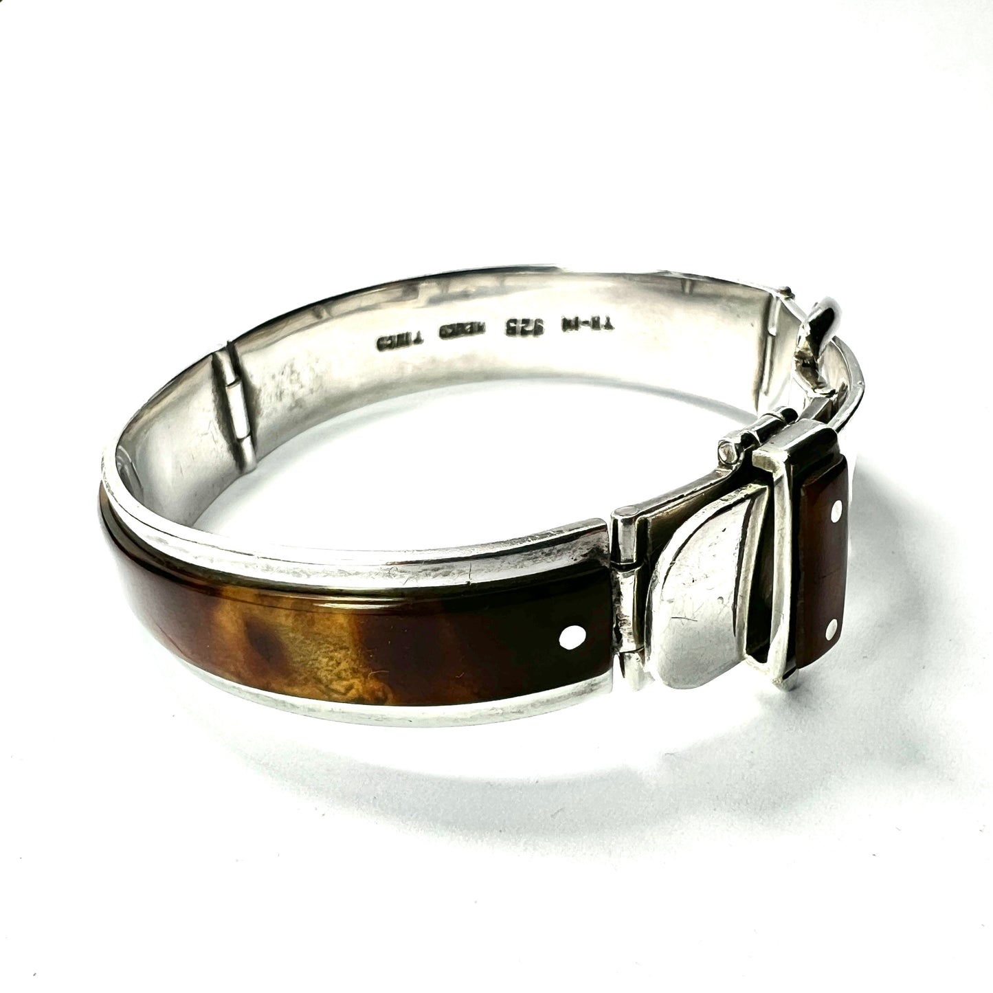 Vintage Silver Taxco Buckle Bangle with Tortoiseshell Panels