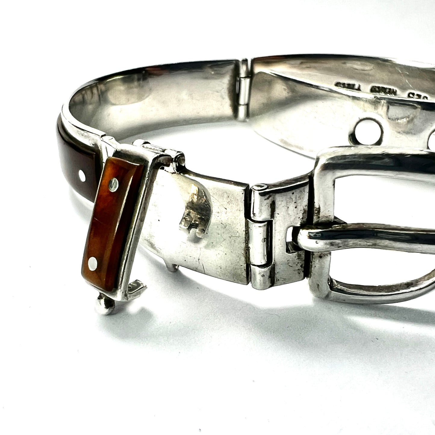 Vintage Silver Taxco Buckle Bangle with Tortoiseshell Panels