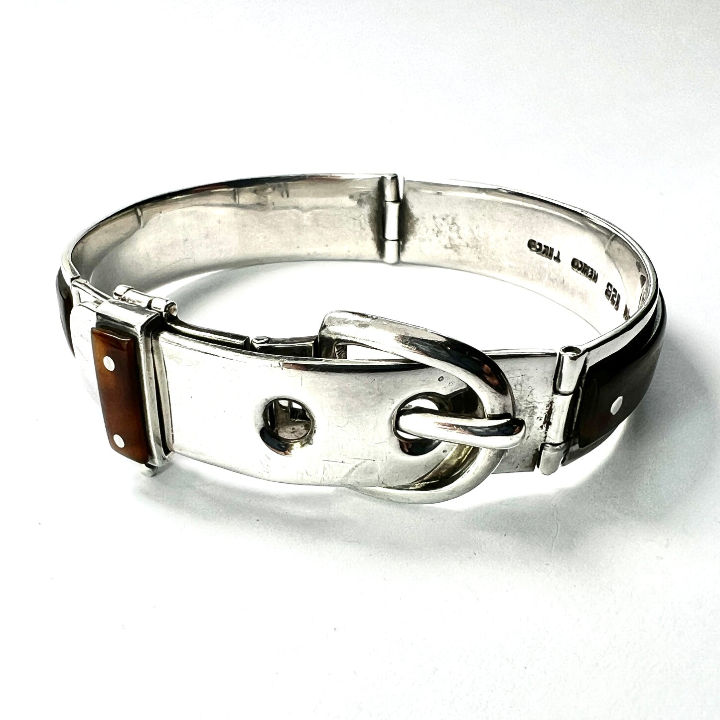 Vintage Silver Taxco Buckle Bangle with Tortoiseshell Panels
