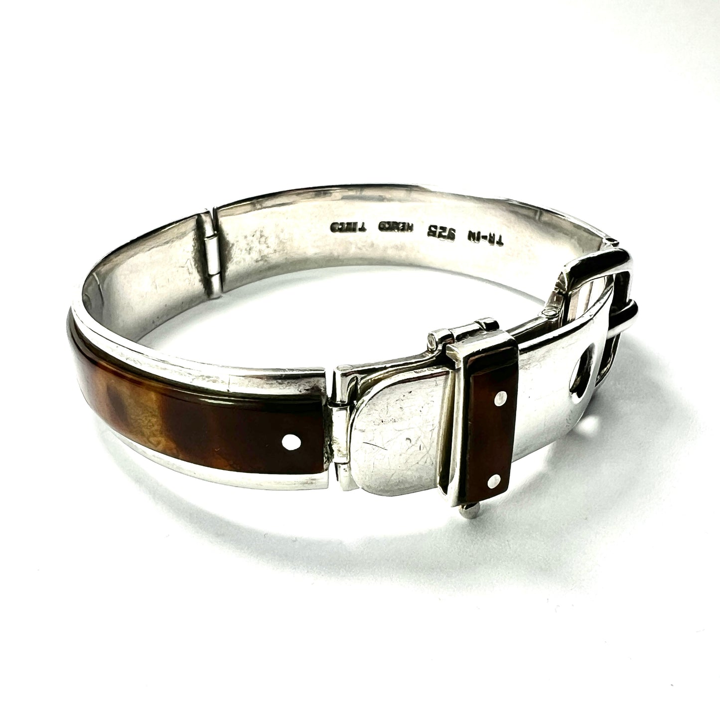 Vintage Silver Taxco Buckle Bangle with Tortoiseshell Panels