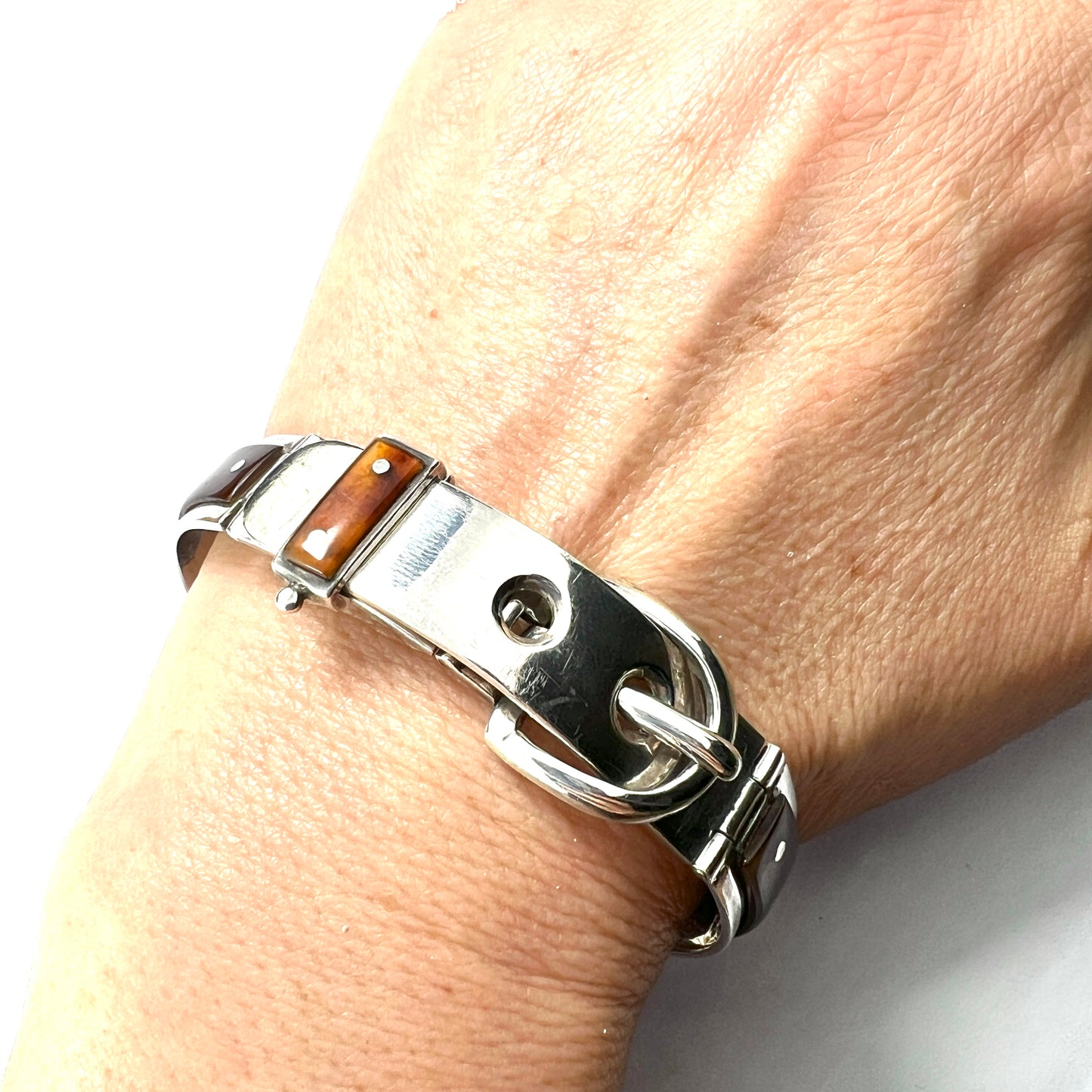 Vintage Silver Taxco Buckle Bangle with Tortoiseshell Panels