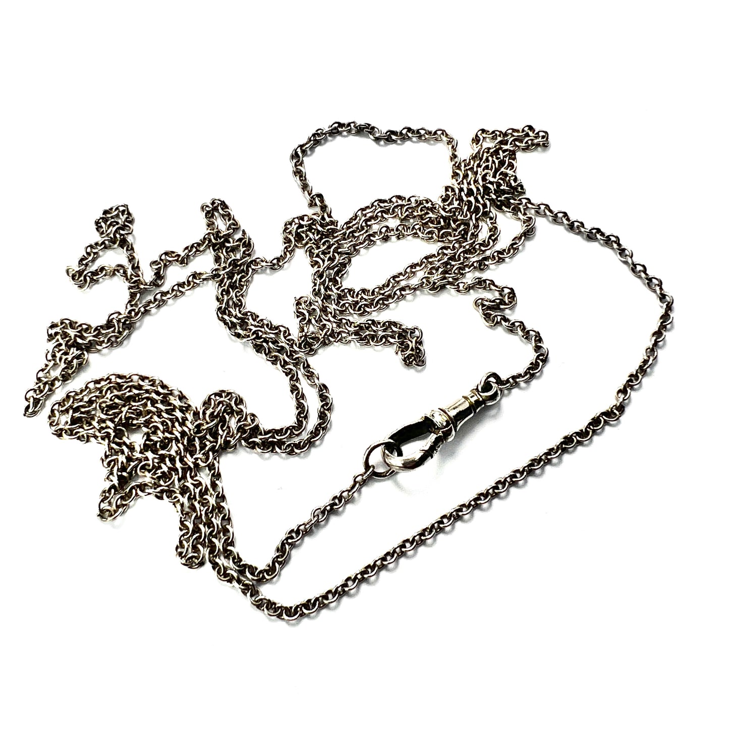 Very Long Victorian Silver Longuard Chain Necklace with Albert Dog Clip