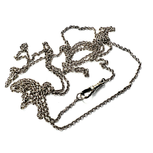Very Long Victorian Silver Longuard Chain Necklace with Albert Dog Clip