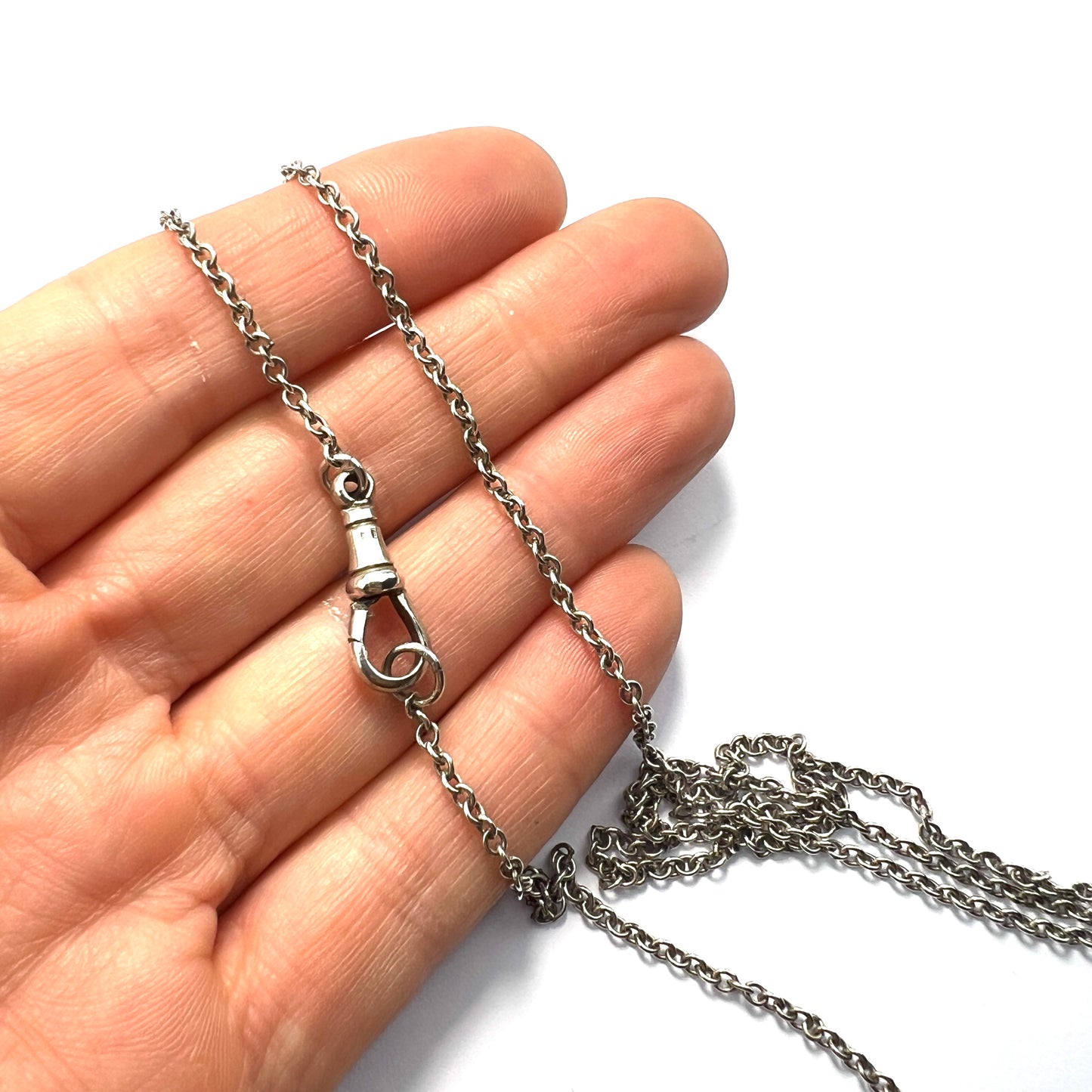 Very Long Victorian Silver Longuard Chain Necklace with Albert Dog Clip