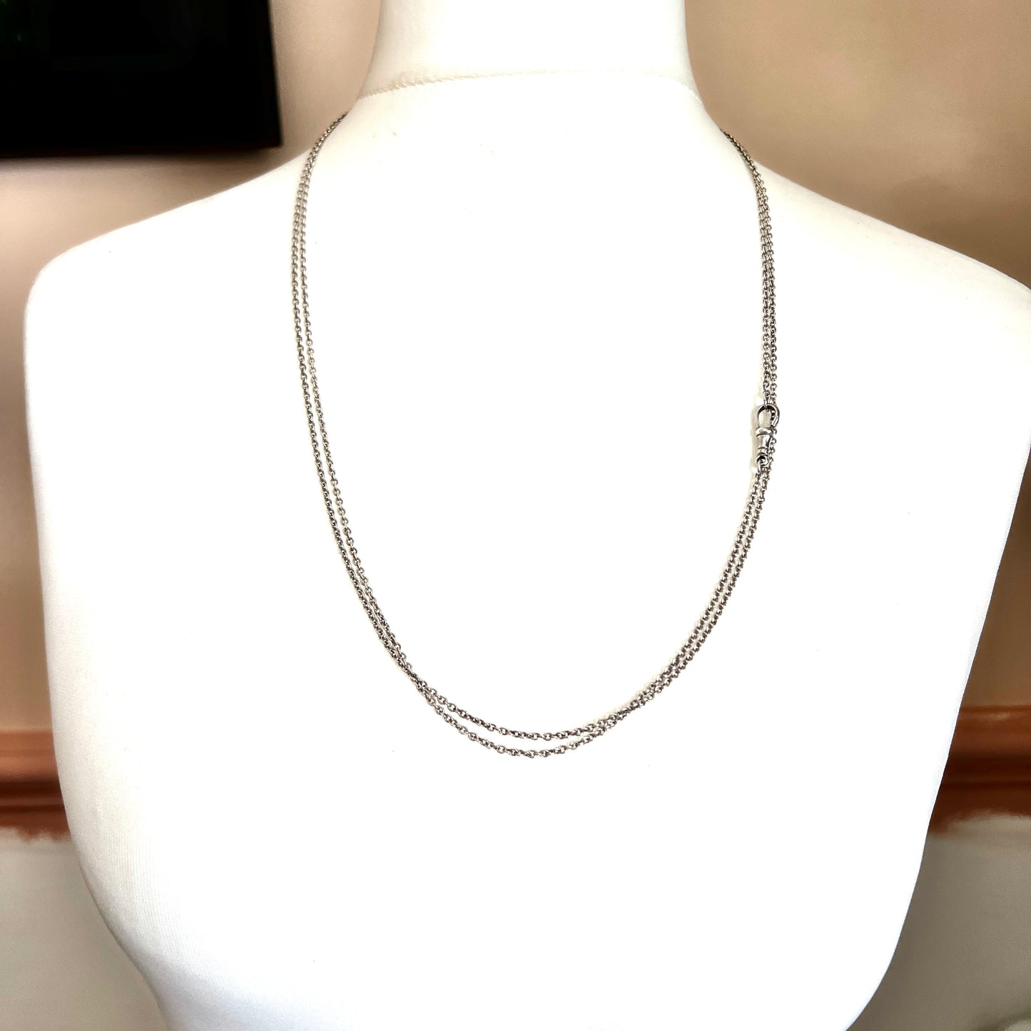 Very Long Victorian Silver Longuard Chain Necklace with Albert Dog Clip